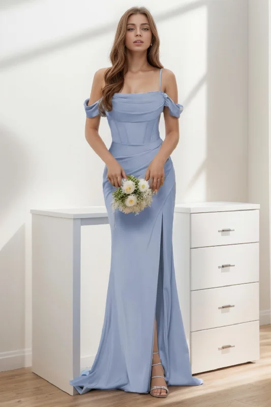 Draped Satin Gown Trumpet-Mermaid Sweep-Brush Train Silk-Like Prom Dress CS0399