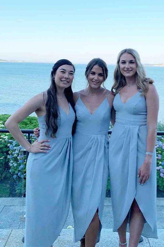 Slit Gown Tulip Hem Straps Light Grey Midi Bridesmaid Dress