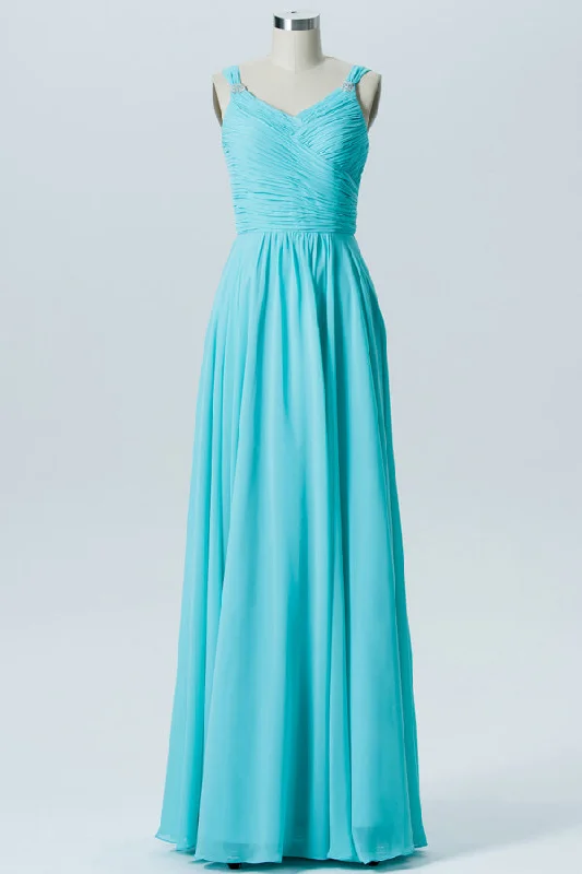 Satin Slip Dress Turquoise Straps Pleated Bridesmaid Dress