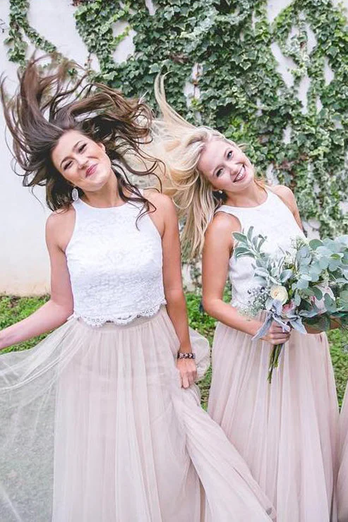 Royal Blue Dress Two Piece Beige Long Bridesmaid Dress with White Lace Top