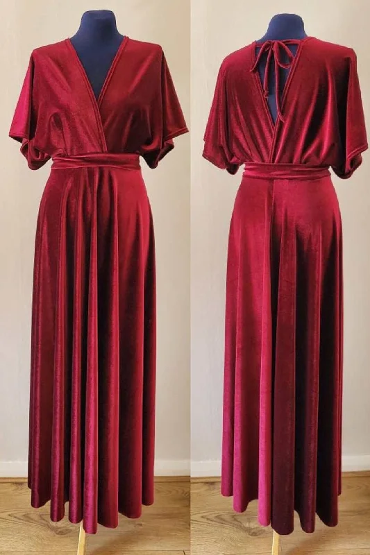 Embellished Dress V-Neck Burgundy Velvet Long Bridesmaid Dress