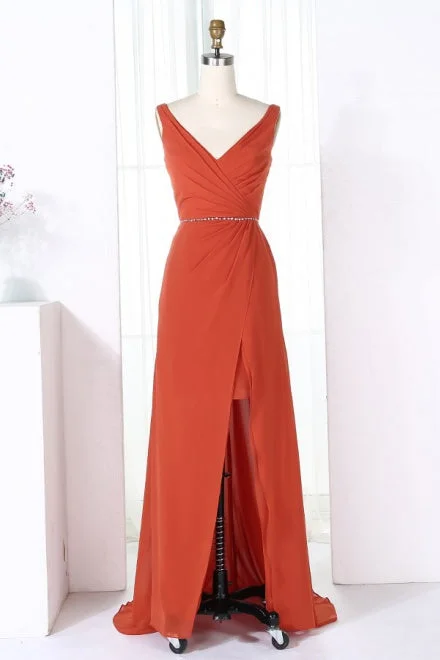 High Neck Dress V-Neck Burnt Orange Bridesmaid Dress with Beaded Belt