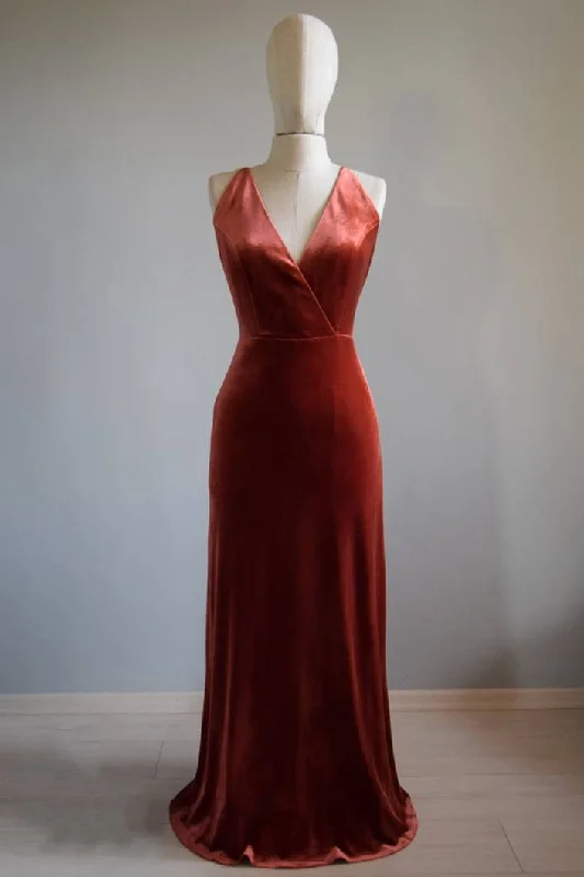 Classic Evening Dress V-Neck Copper Velvet Long Bridesmaid Dress with Strap Back