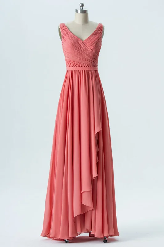Maxi Formal Dress V-Neck Fulle Pleated Coral Bridesmaid Dress with Ruffles