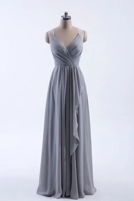 Modest Formal Dress V-Neck Grey Long Bridesmaid Dress with Appliques