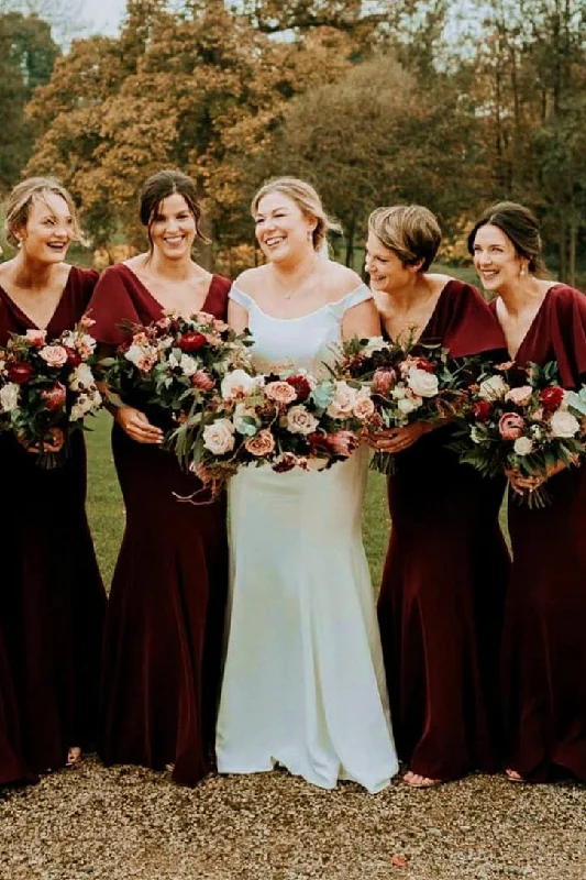 Designer Gown V-Neck Mermaid Burgundy Long Bridesmaid Dress