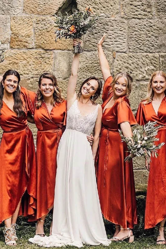 Elegant Evening Dress V-Neck Rust Long Bridesmaid Dress with Short Sleeves