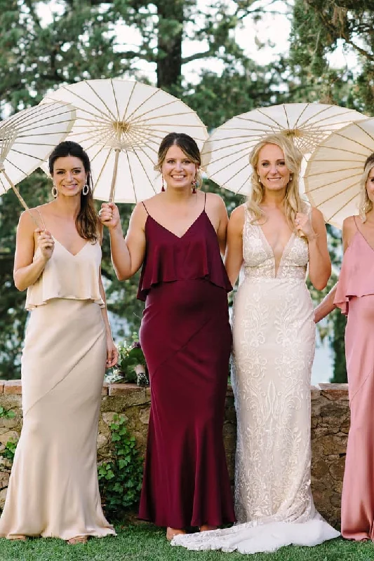 Beaded Evening Dress V-Neck Straps Solid Mermaid Satin Bridesmaid Dress