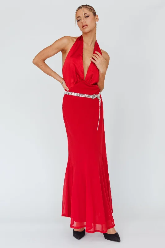 Satin Slip Dress Vision Halterneck Midi Dress Cherry
