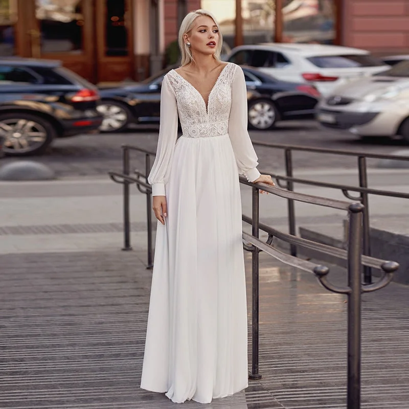 Classic Evening Dress White Chiffon V-Neck A-Line Wedding Dress WD1005