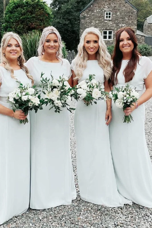 Minimalist Gown White Crew Neck Long Bridesmaid Dress with Sash