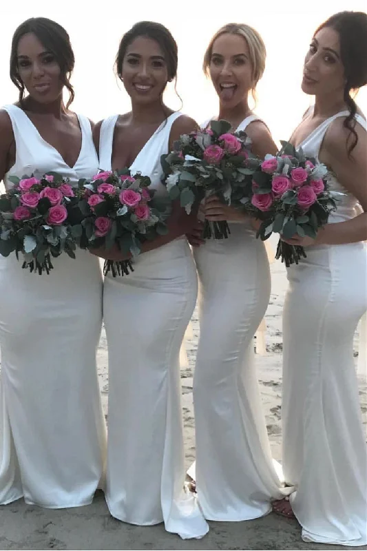 Simple Formal Dress White Long Mermaid V-Neck Bridesmaid Dress