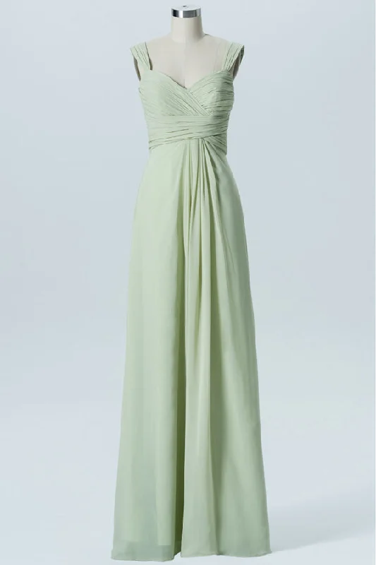 Ruffled Dress Wide Strap Sage Green Ruched Long Bridesmaid Dress