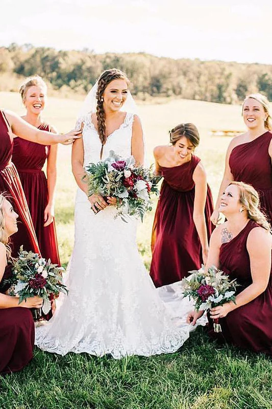 Modest Formal Dress One Shoulder Wine Red Chiffon Long Bridesmaid Dress