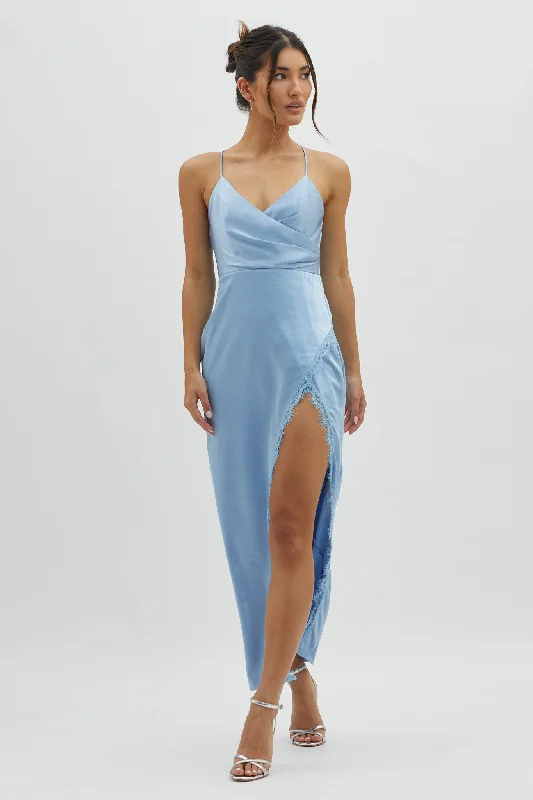 One-Shoulder Gown Winter Moon Lace Trim Midi Dress Blue