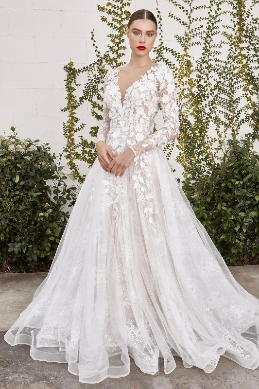 Classic Gown Yvaine 3D Floral Long Sleeves Open Back Long Wedding Dress CDA1067WC