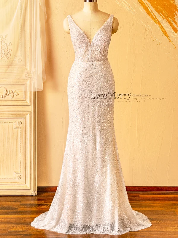 Vintage Gown ZURI / Elegant Sparkling Wedding Dress with Illusion Neckline and Deep V Back Vintage Gown ZURI / Elegant Sparkling Wedding Dress with Illusion Neckline and Deep V Back